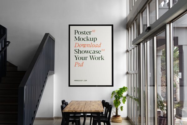 Front view, poster mockup with black frame hanging on the white wall inside the flat.
