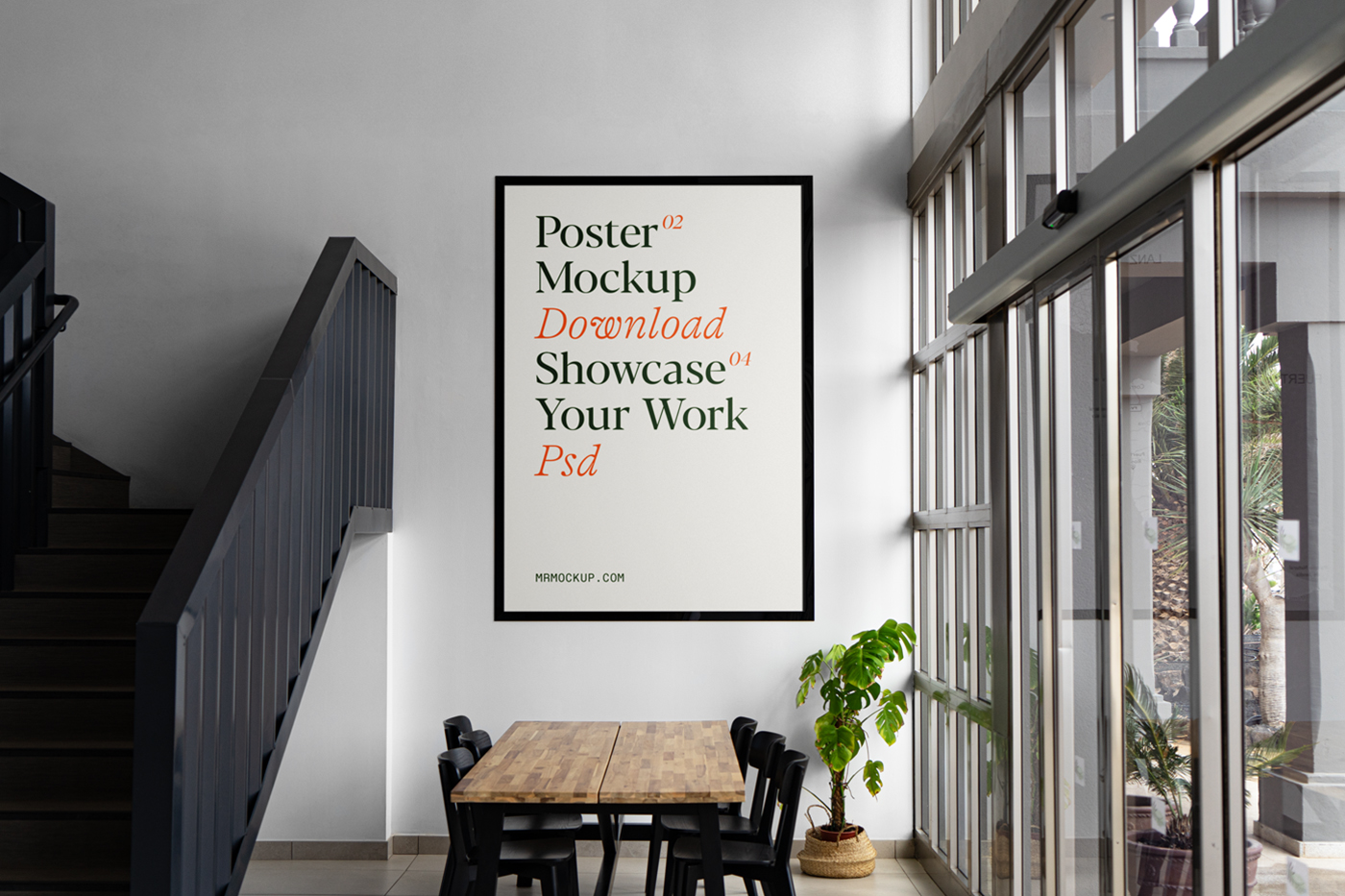 Front view, poster mockup with black frame hanging on the white wall inside the flat.