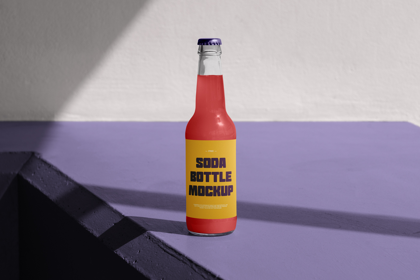 Soda bottle mockup standing on the purple floor in front of the beige wall.