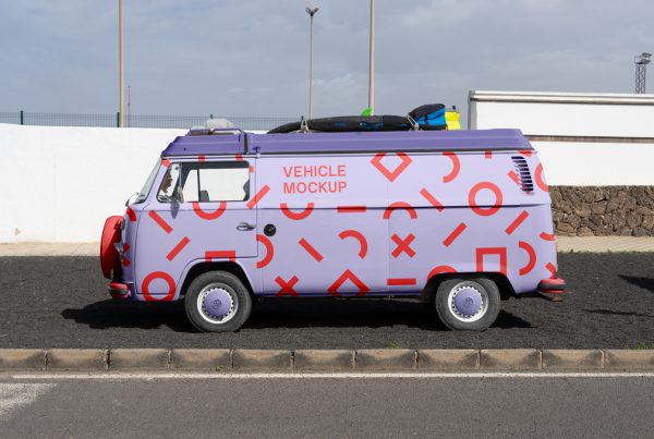 Volkswagen camper mockup standing in the parking.