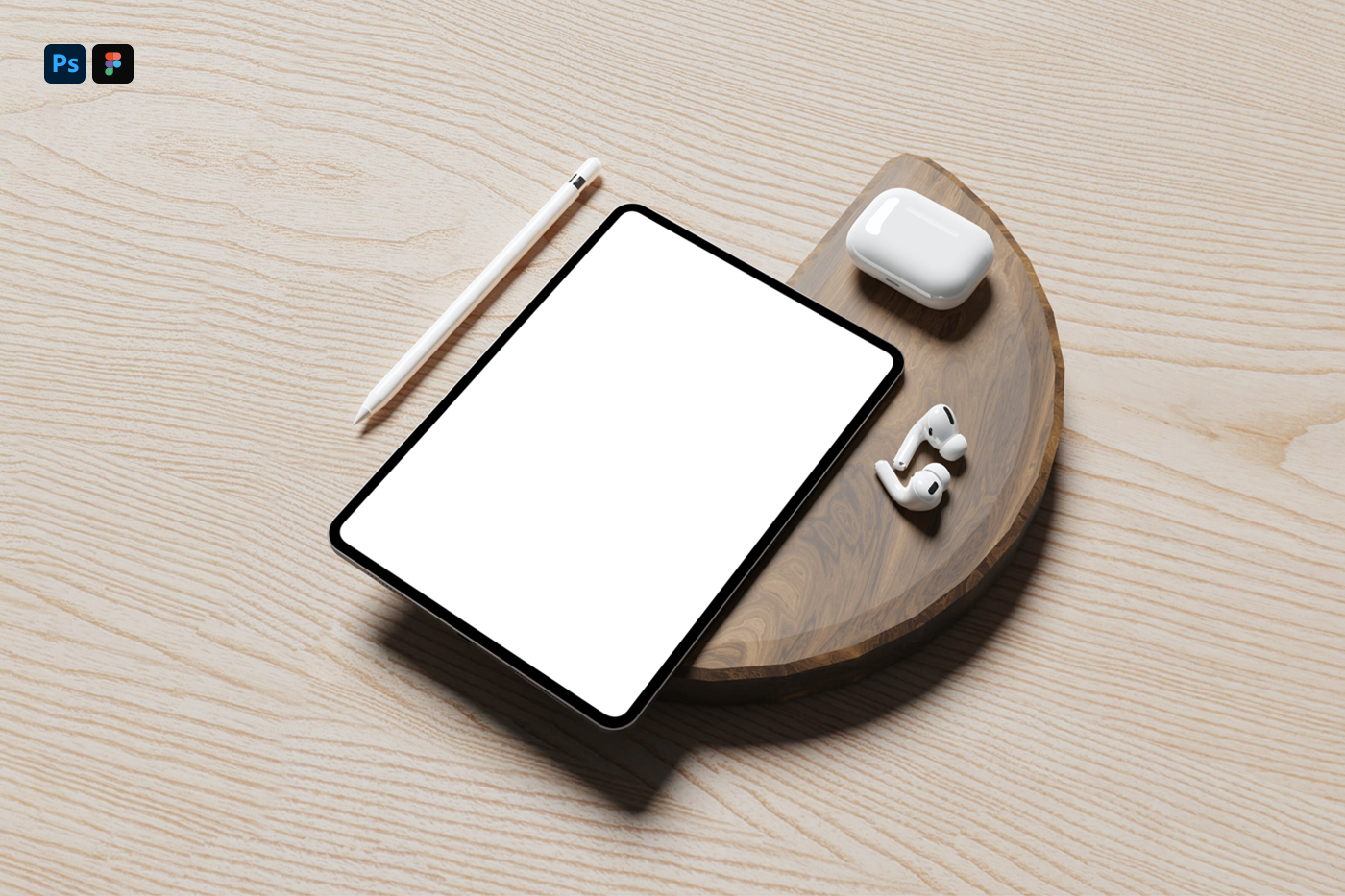 View from above, iPad Pro Mockup with white screen and accessories laying on the wooden floor.