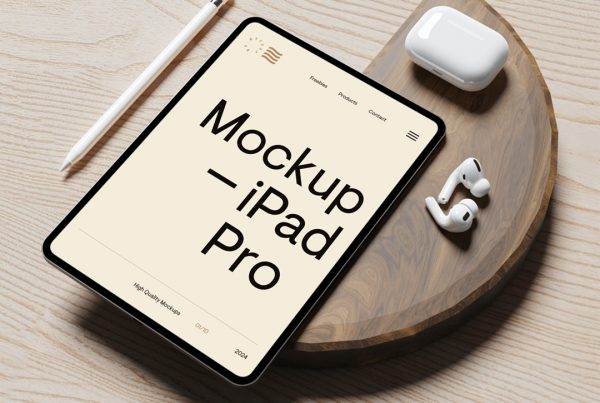 View from above, iPad Pro Mockup with accessories laying on the wooden floor.
