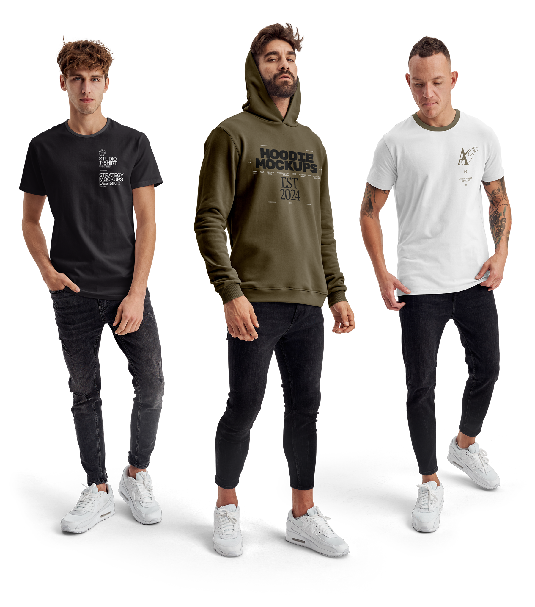 Composition of three men wearing t-shirts and hoodies from Studio T-Shirt Mockups.