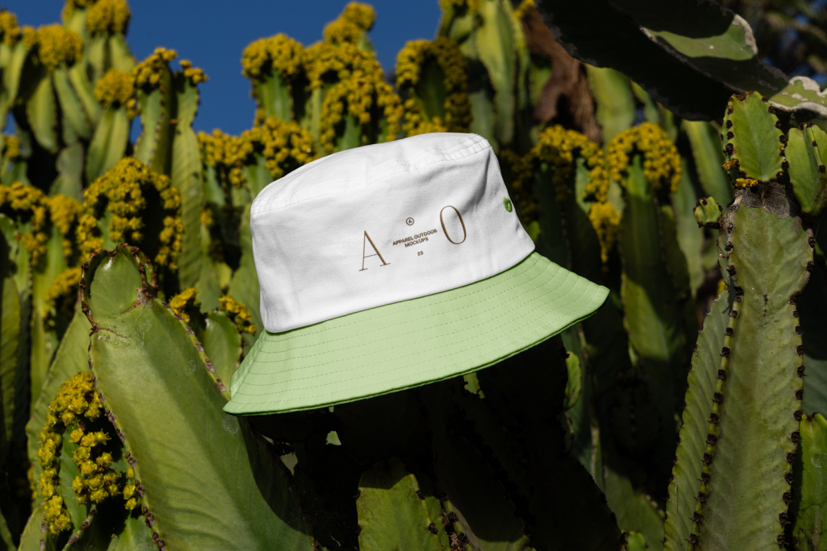 Bucket hat with embroidery design laying on the cactus.