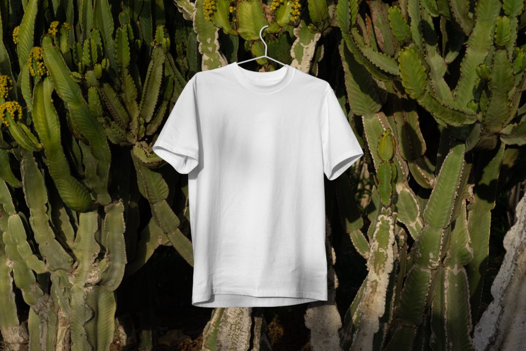 White t-shirt with hanger hanging on the big cactus from outdoor apparel mockups vol.2.
