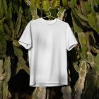 White t-shirt with hanger hanging on the big cactus from outdoor apparel mockups vol.2.