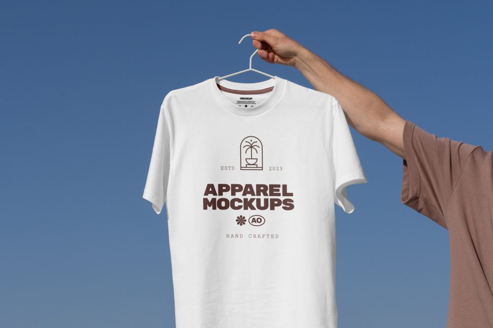Man holding white t-shirt with brown typographic design.
