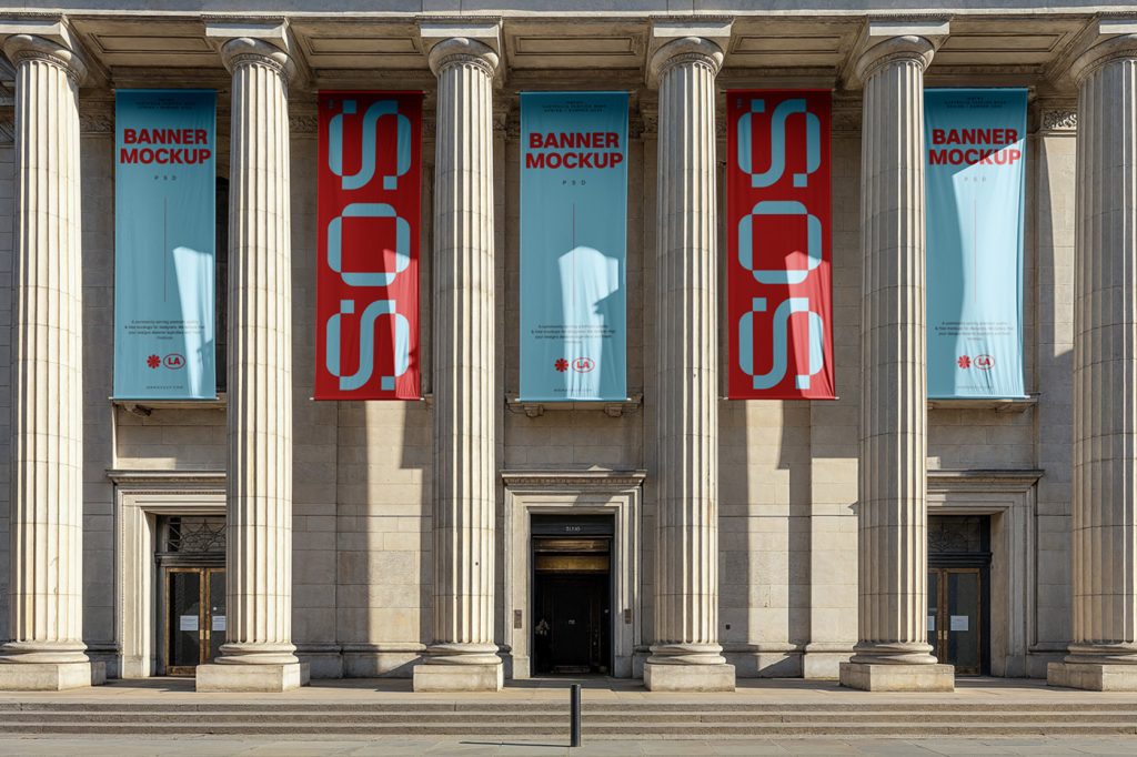 Front view, art museum banner mockups hanging on the building facade.