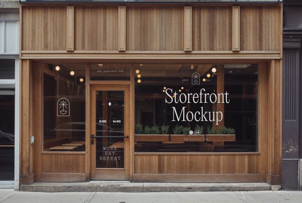 Front view, wooden restaurant storefront mockup with white typography design.