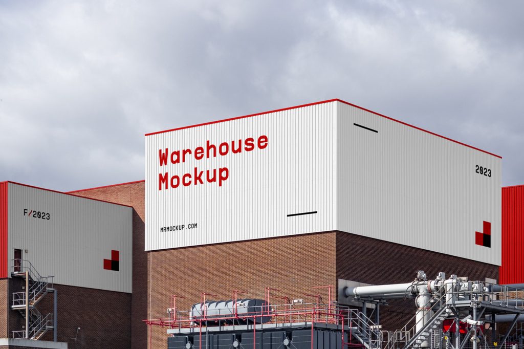 Warehouse building mockup with a visible sky behind.