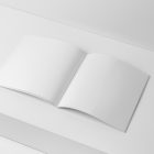 Open blank square magazine on white cubes from studio magazine mockups.