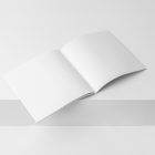 Open square magazine on white cubes from studio magazine mockups.