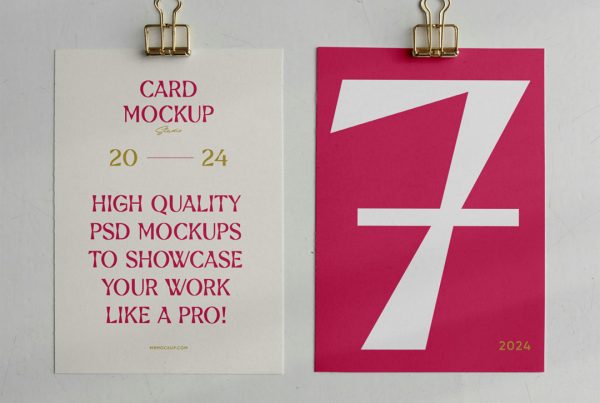 Two A4 paper card mockup laying on the white floor.