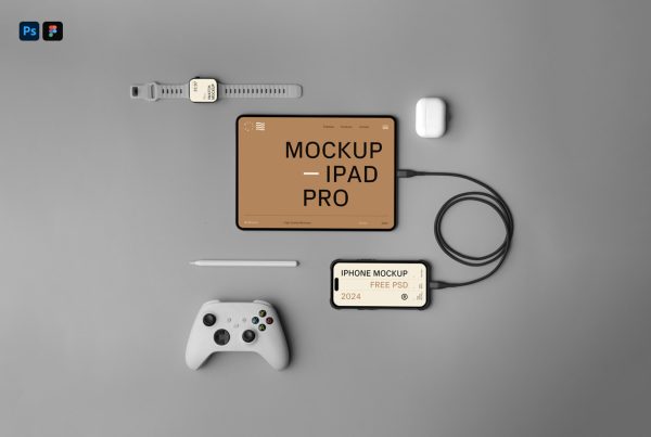 View from above, Apple device mockup laying on the gray floor.