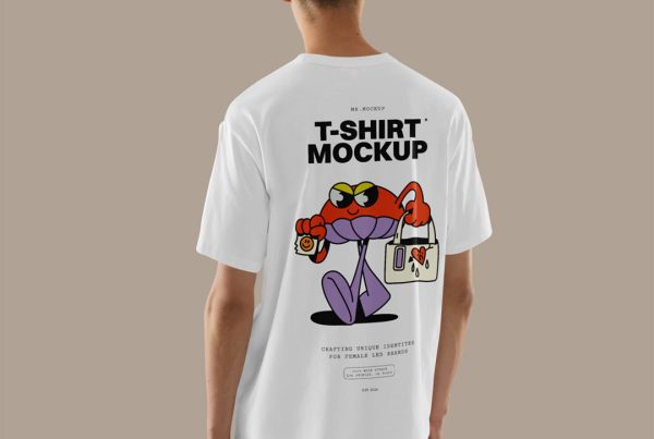 Men standing backwards wearing t-shirt mockup with a colorful logo design in front of the beige wall.