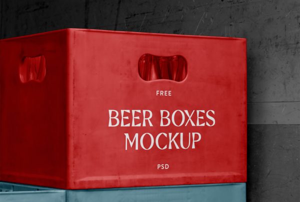 Front view, beer box mockups standing inside the magazine with black walls.