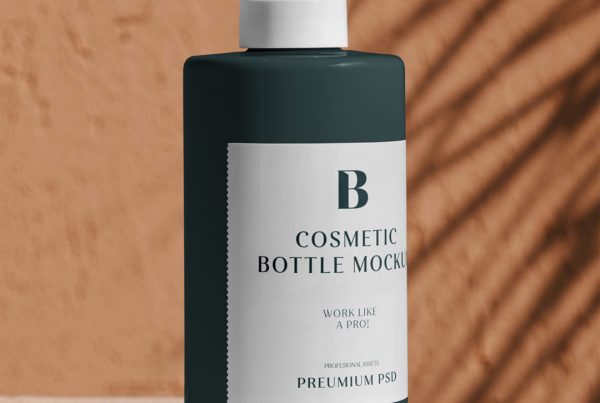 Front view, big bottle mockup with a white dispenser standing on the beige table in front of the bright brown wall.