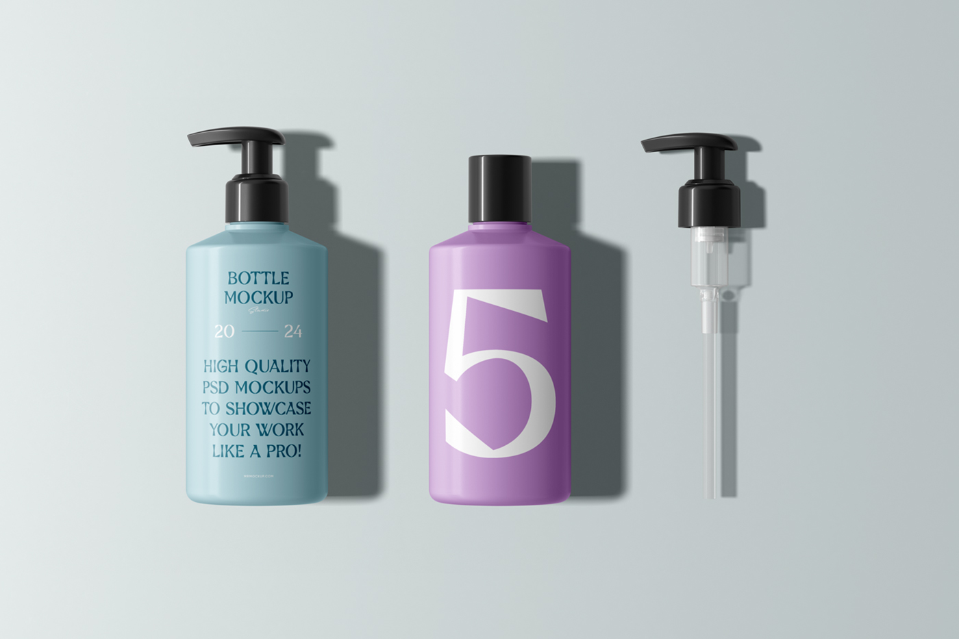 View from above, two plastic bottle mockup laying on the bright blue floor.