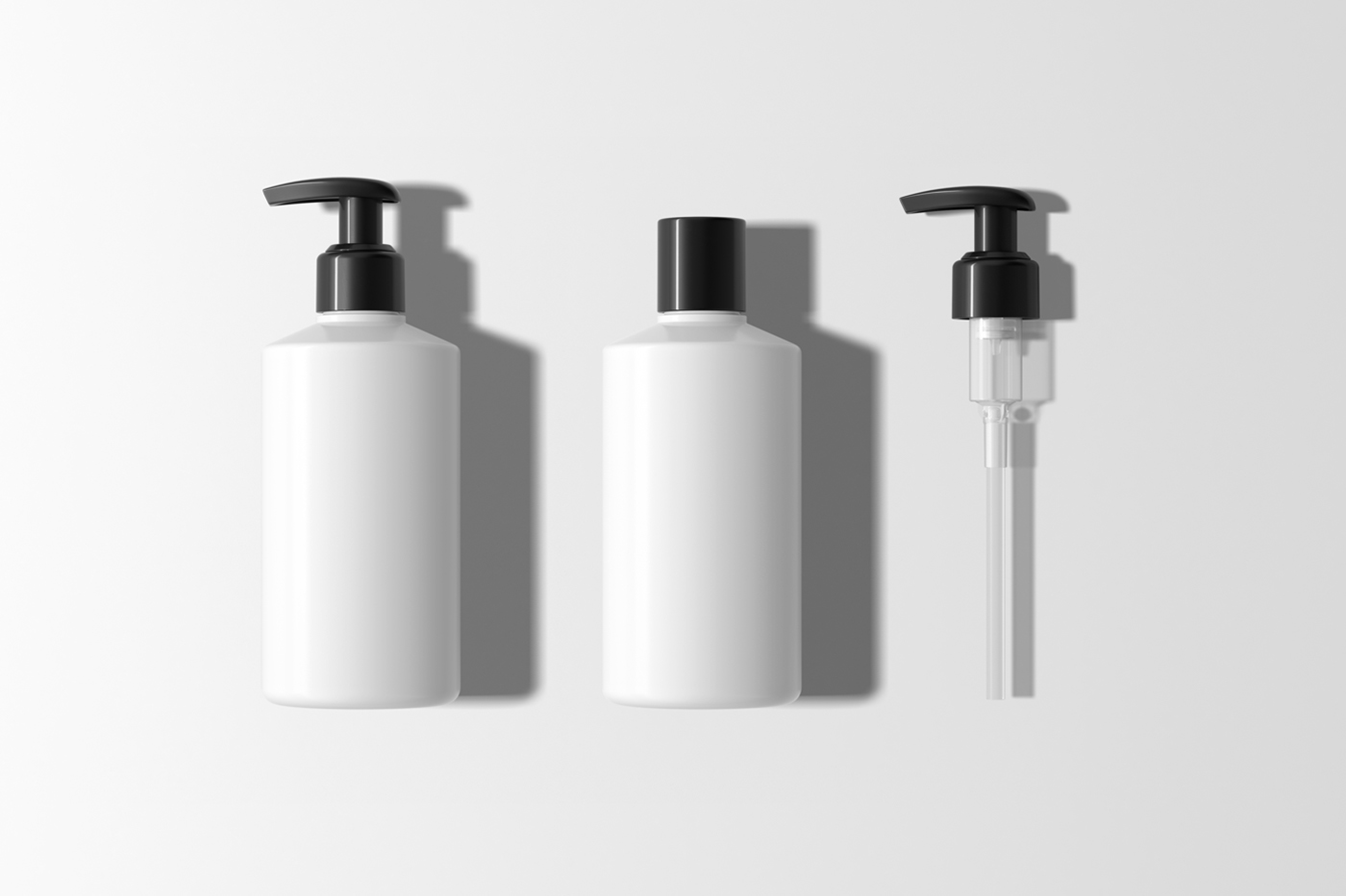 View from above, two plastic white bottle mockup laying on the white floor.