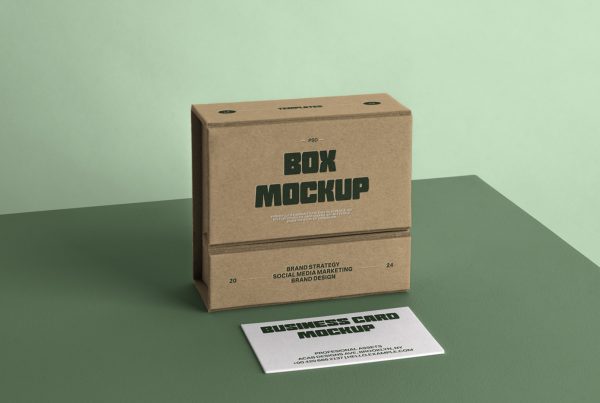 Font view, craft box mockup with strong green typography design standing on the green floor in front of the green wall.