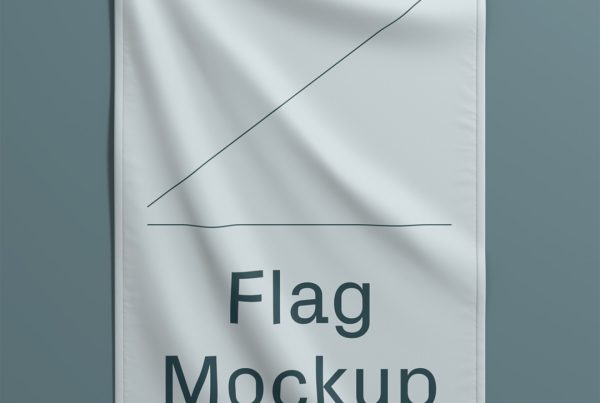 Front view, camp flag mockup laying on the blue pastel color floor.