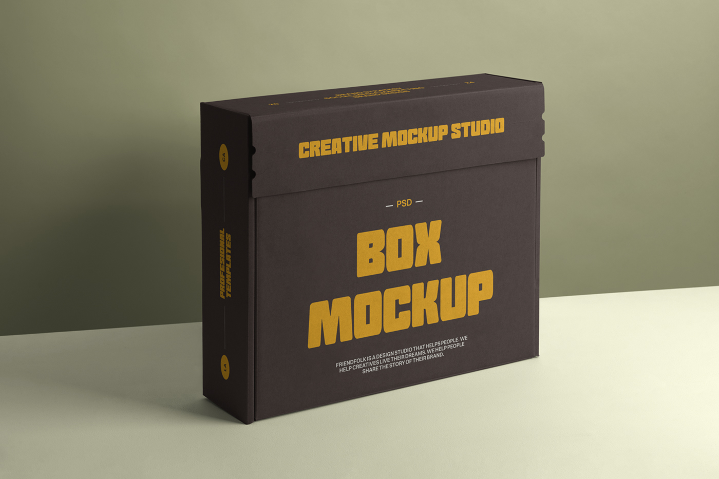 Font view, brown cardboard box mockup with strong yellow typography design standing on the bright green floor in front of the green wall.