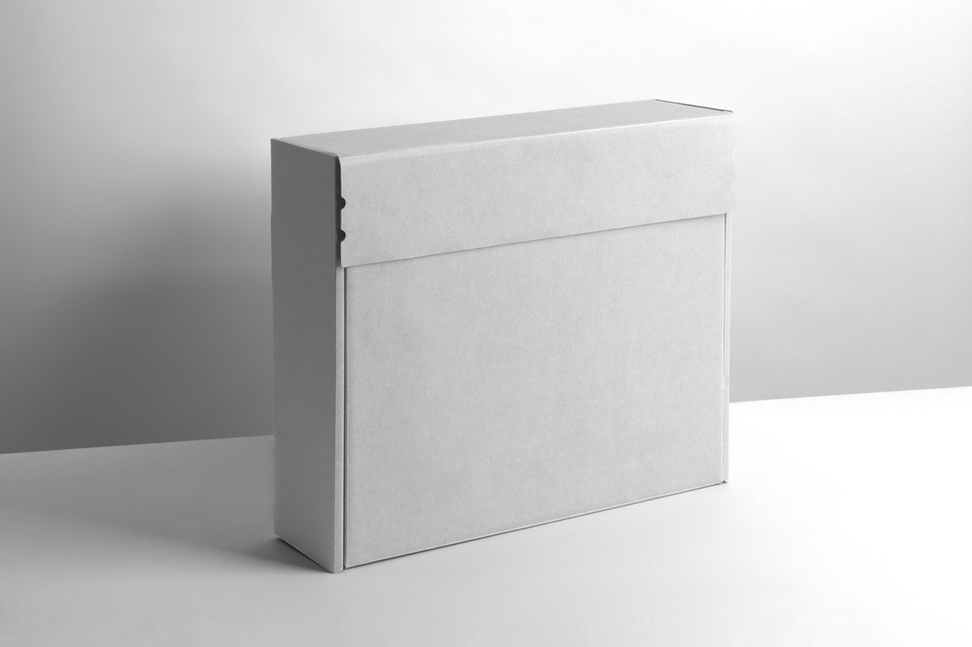 Font view, white cardboard box mockup with standing on the white floor in front of the white wall.