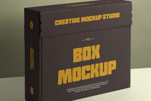 Font view, brown cardboard box mockup with strong yellow typography design standing on the bright green floor in front of the green wall.