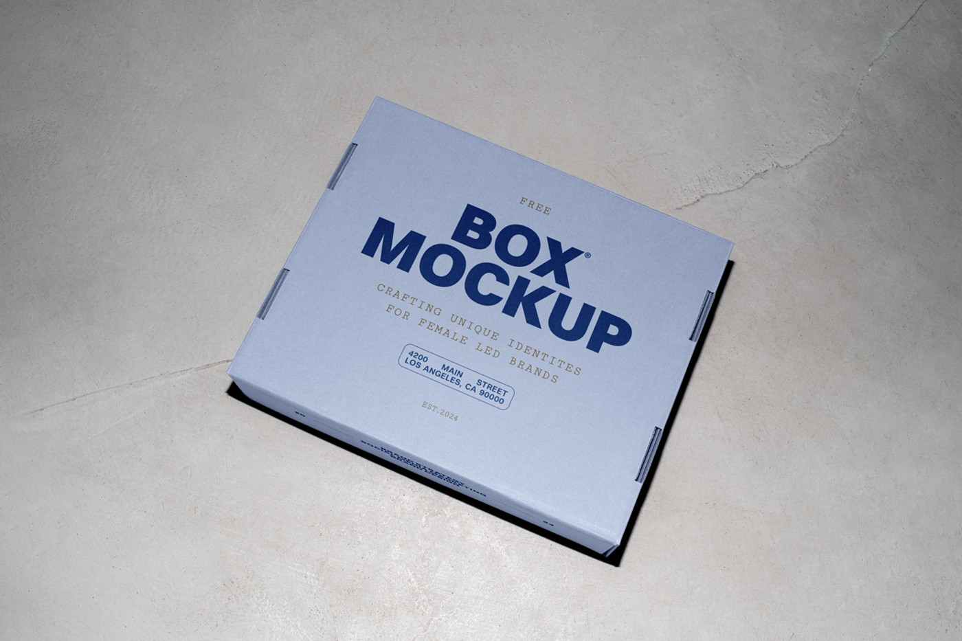 View from above of a blue cardboard box mockup with navy strong typography design laying on the concrete floor.