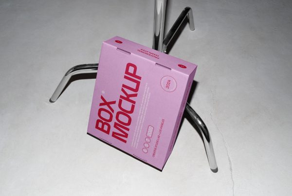 View from above of a pink cardboard box mockup with red strong typography design based on a metal tripod.