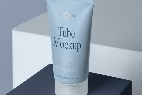 Front view, cosmetic tube mockup standing on the navy square cube.