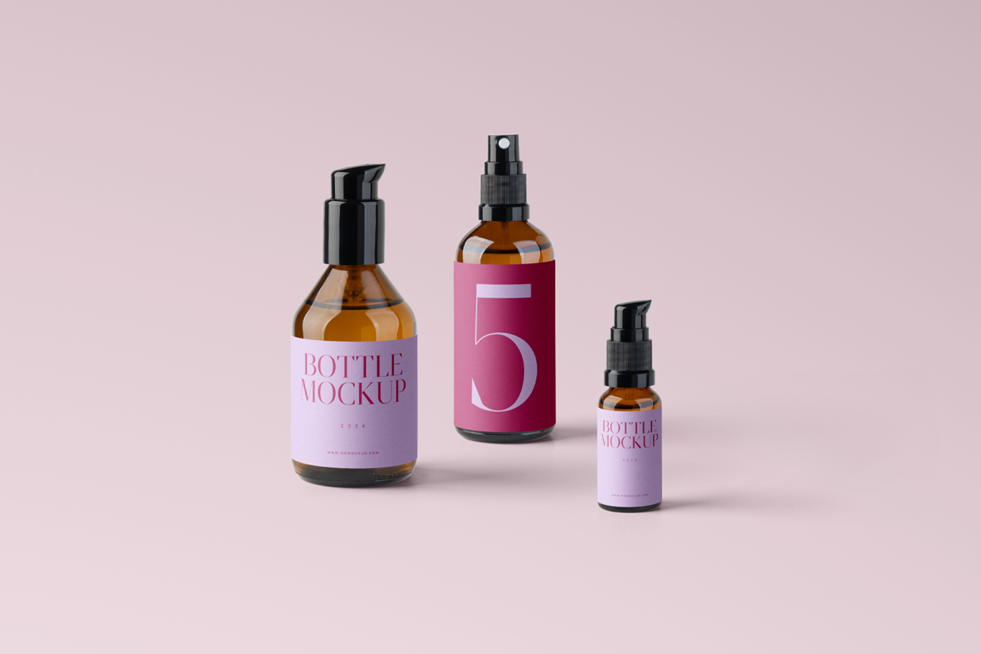 Front view, three cosmetics packaging bottle mockup with labels standing on the bright pink floor.