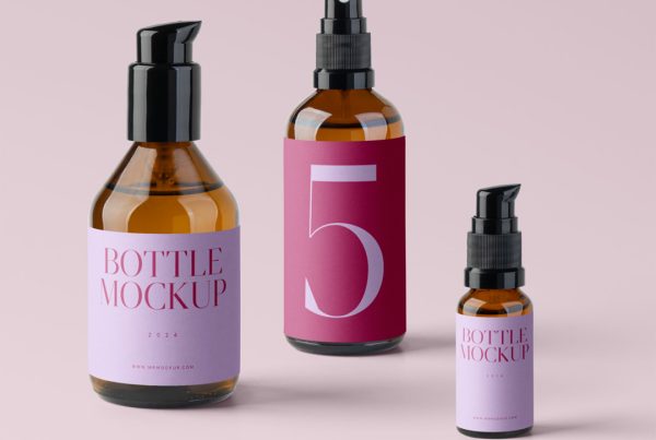 Front view, three cosmetics packaging bottle mockup with labels standing on the bright pink floor.