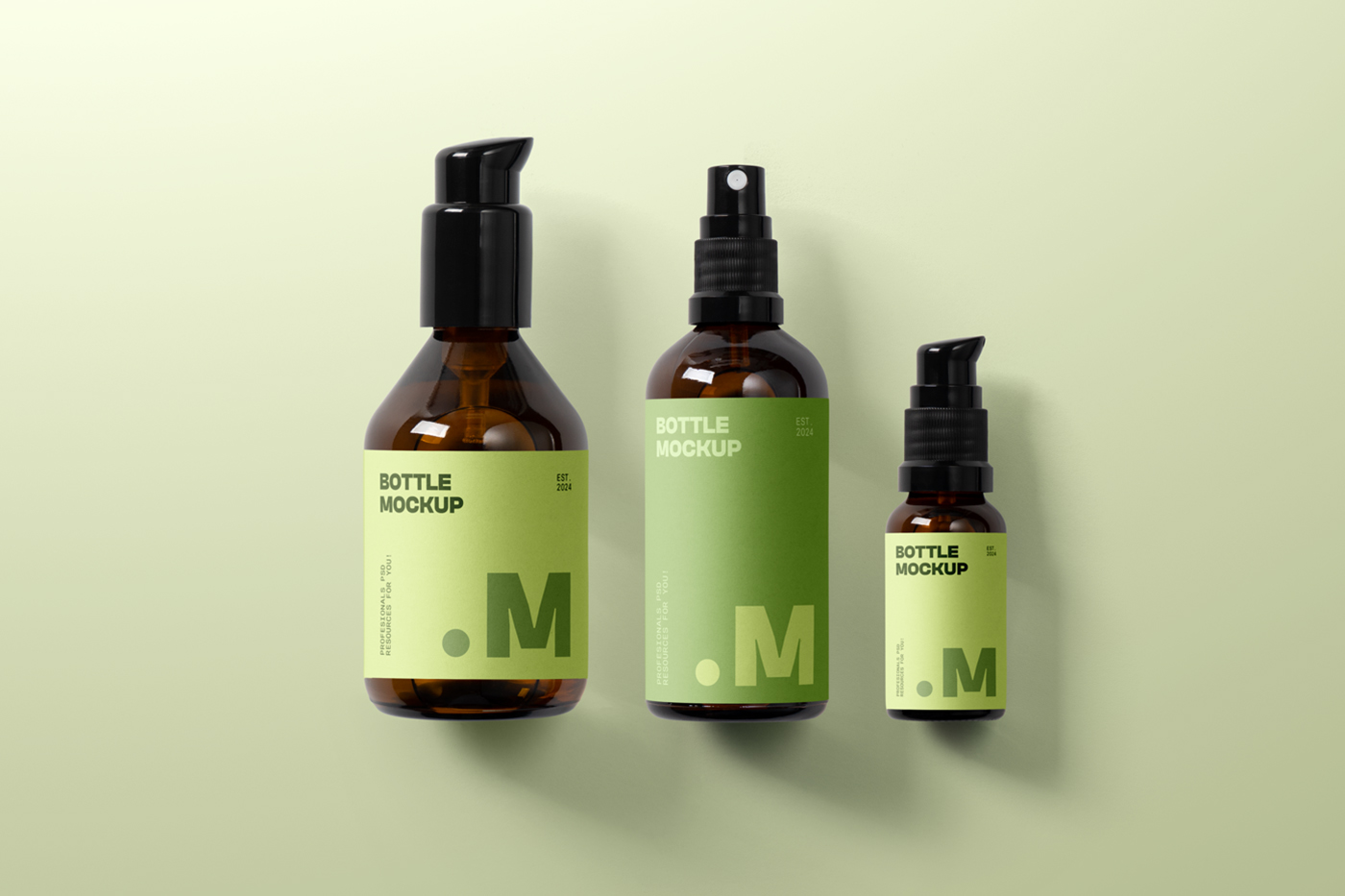View from above, three cosmetics packaging bottle mockup with labels laying on the green floor.