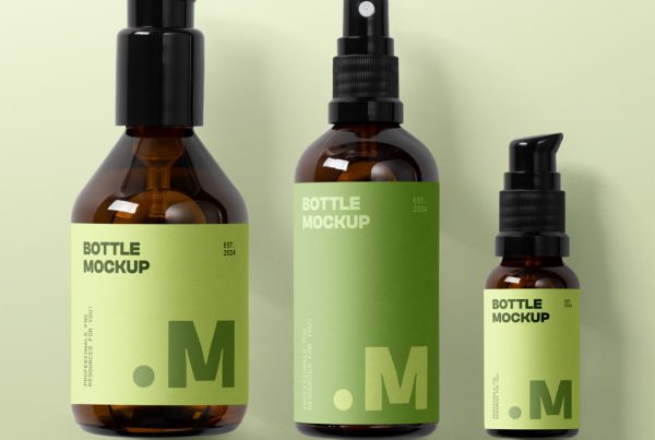 View from above, three cosmetics packaging bottle mockup with labels laying on the green floor.