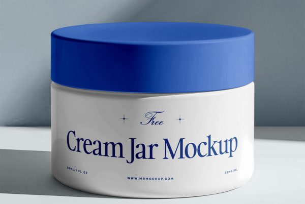 Front view, crème jar mockup standing laying on the bright blue floor in front of the blue wall.