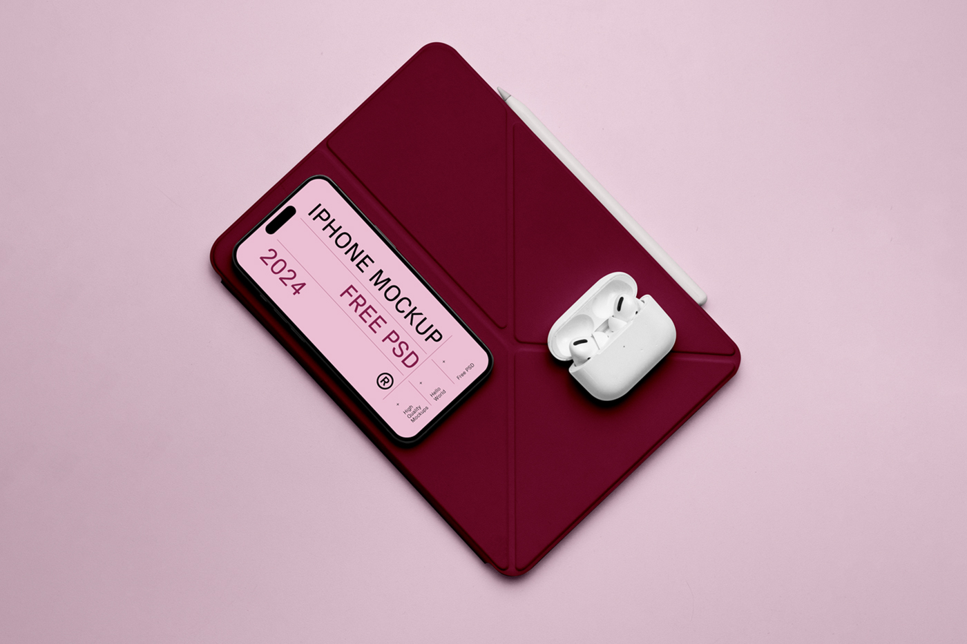 View from above, device with accessories mockup laying on the pink floor.