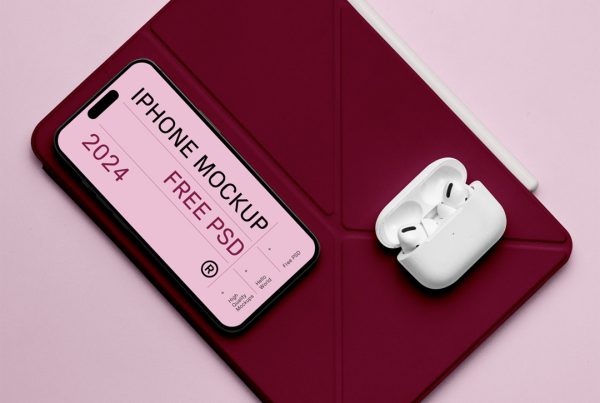 View from above, device with accessories mockup laying on the pink floor.