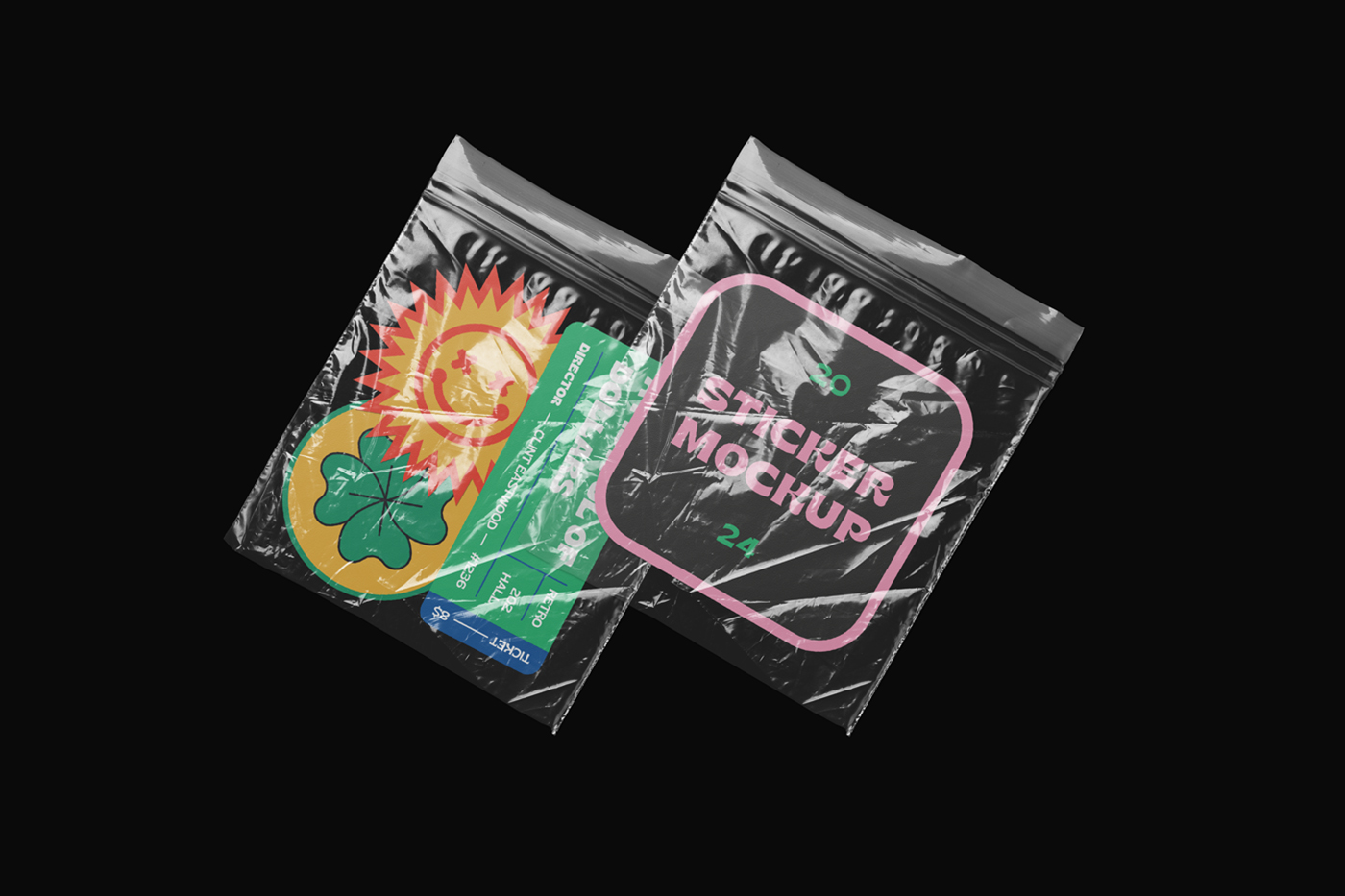 Four custom shape colorful sticker mockup in two transparent foils laying on the black background.