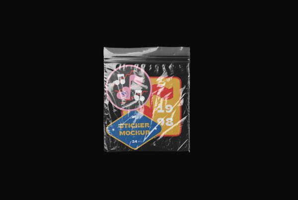 Front view, three custom shape colorful sticker mockup in transparent foil laying on the black background.