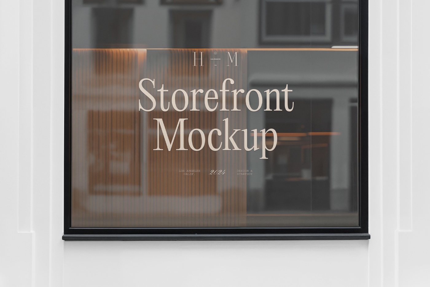 Front view, transparent display storefront mockup with beige typography color design.