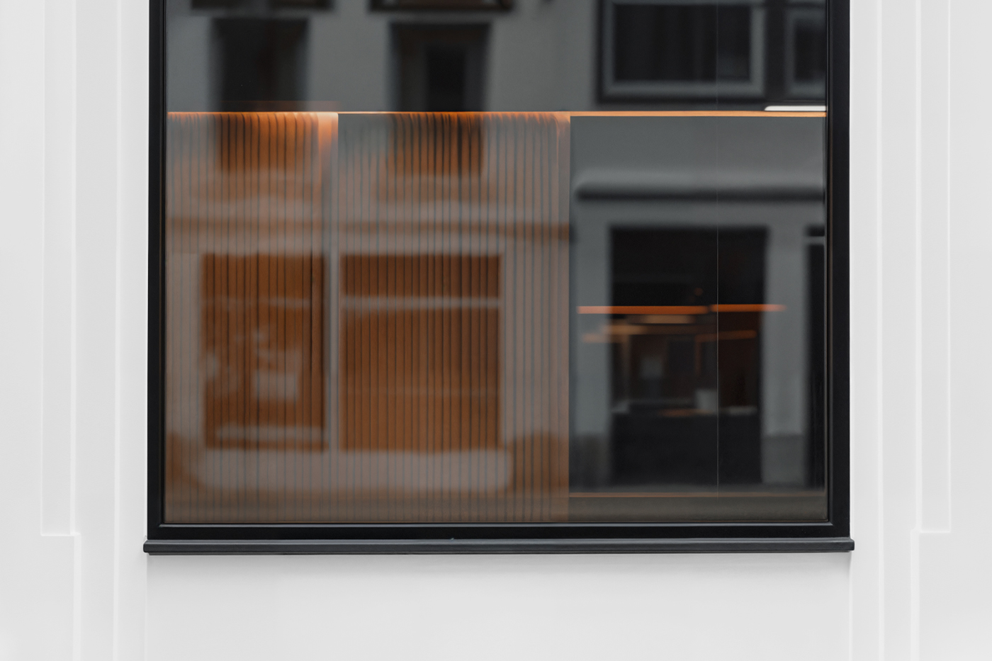 Front view, transparent display storefront mockup.