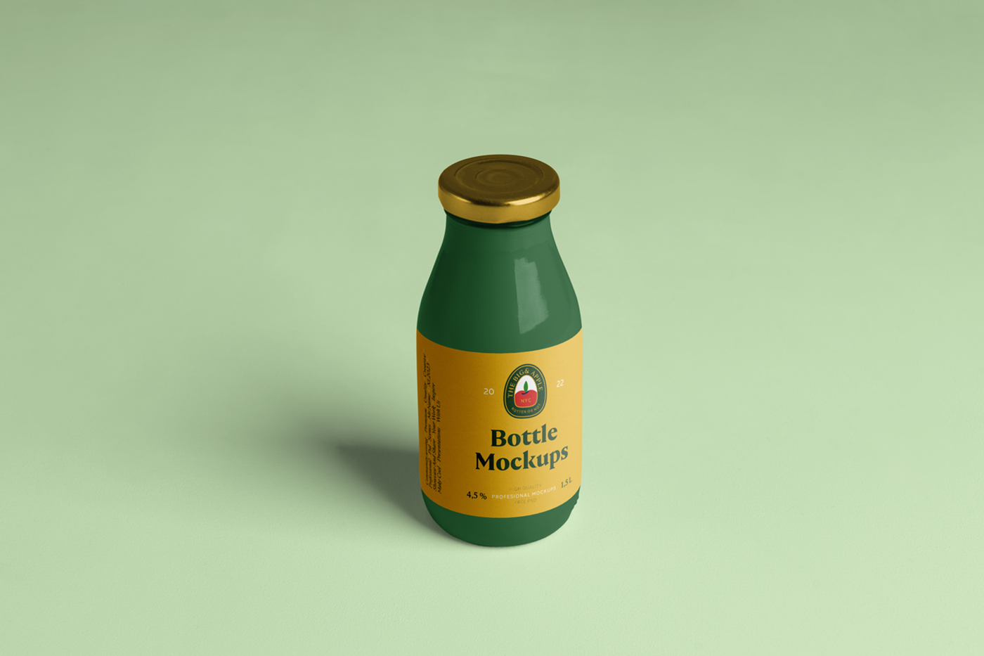 Front view, juice glass bottle mockup with gold label standing on the green floor.