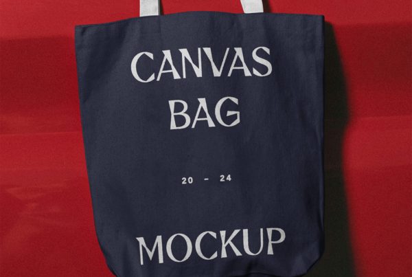 Front view, canvas bag mockup hanging on the car's red color body.