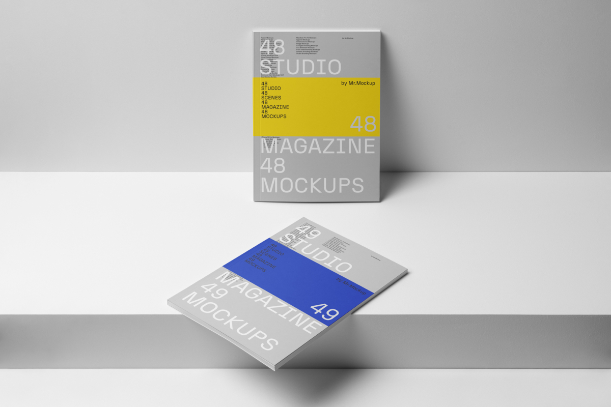 Two a4 gray magazines with minimal design on white stairs from studio magazine mockup.