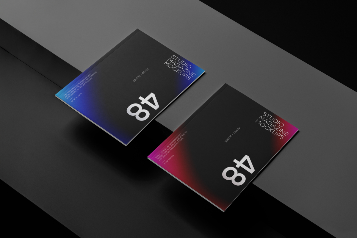 Two a4 magazine with dark modern design on black cubes from studio magazine mockups.