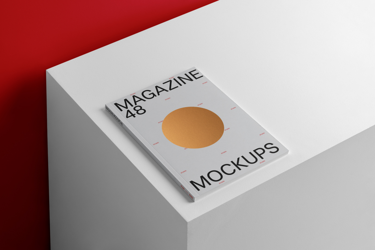 A4 magazine mockup with hot stamping design on white cube form studio magazine mockup.
