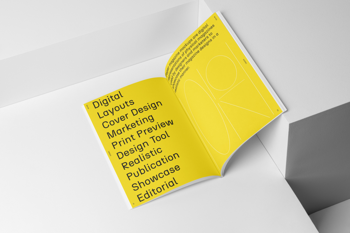 Open a4 magazine with yellow minimal design from studio magazine mockups.