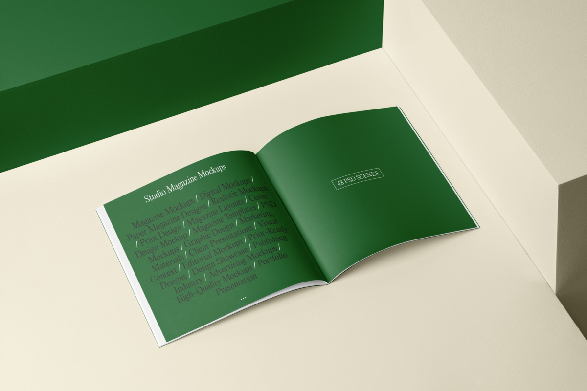 Open square magazine with green elegant design on cubes from studio magazine mockups.