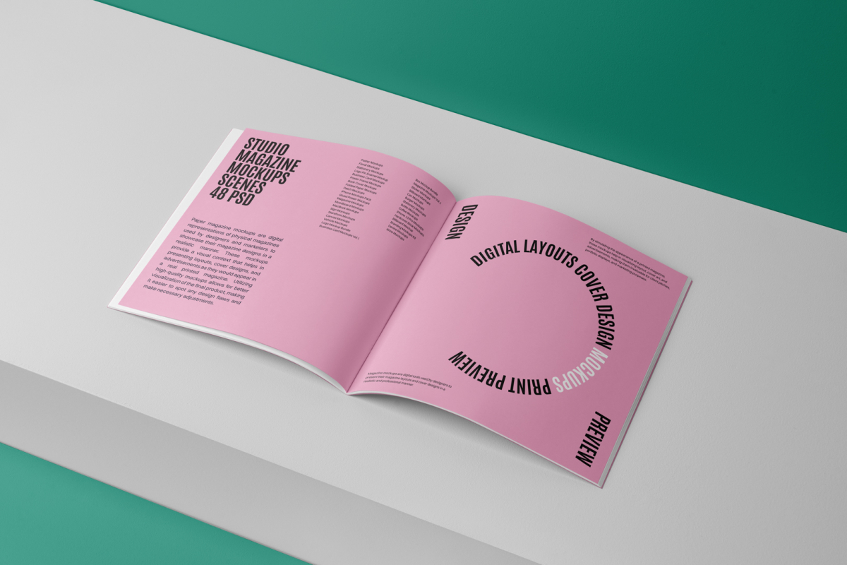 Open square magazine with playful pink design from studio magazine mockups.
